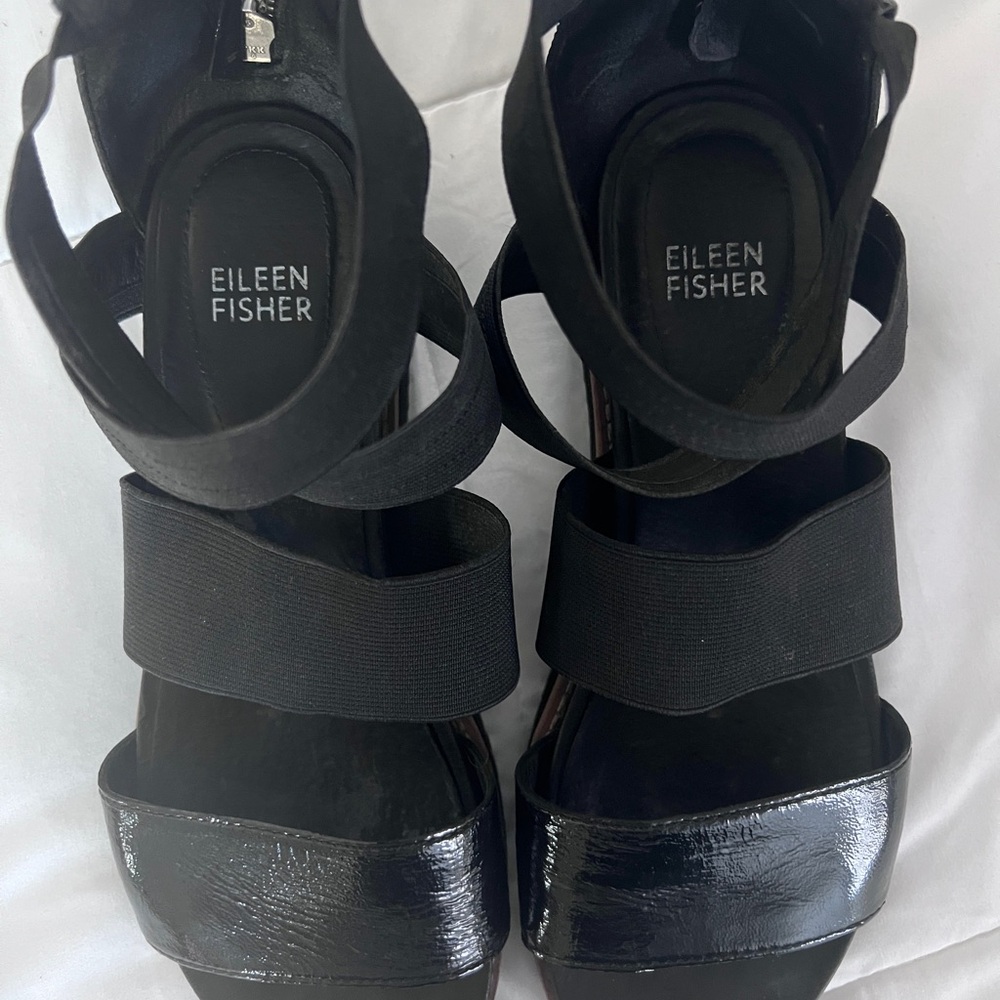 Eileen Fisher Black Leather & Elastic Strappy Sandal